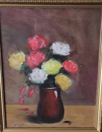 Jenny, red vase with roses, acrylic.